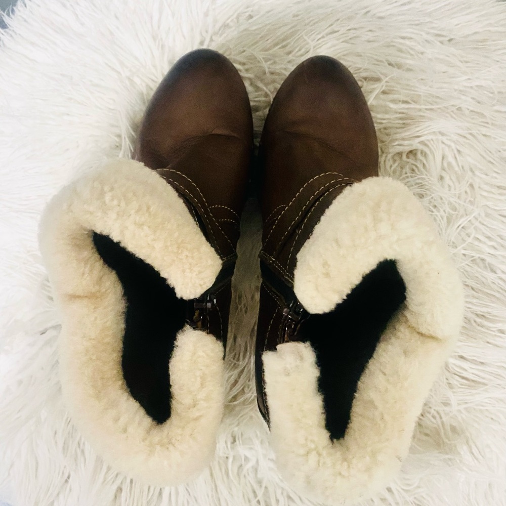 Women’s Manas Brown Leather Fleece Lined Fur Cuff Ankle Boots Studs Block Heel - Picture 5 of 11